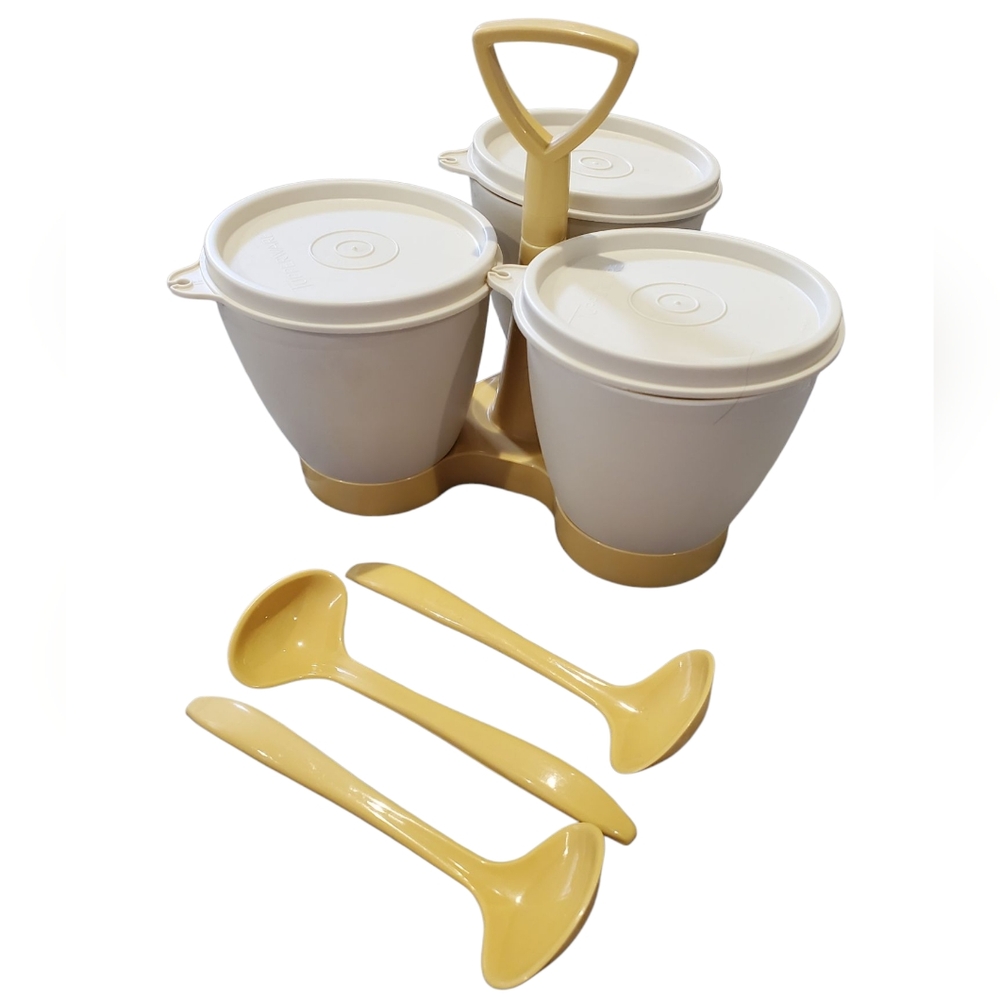 Vintage Tupperware Condiment Caddy Beige & Gold Set 7 Pieces Made in USA